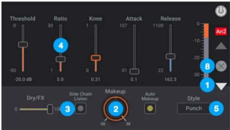 Threshold -50 dB Ratio 30 1 5.0 Knee 1 0 0.31 Attack 107 01 0.1 Release 1100 22 162.5 Dry/FX 10 3 Makeup 2 Auto Makeup Style Punch An2 8 1