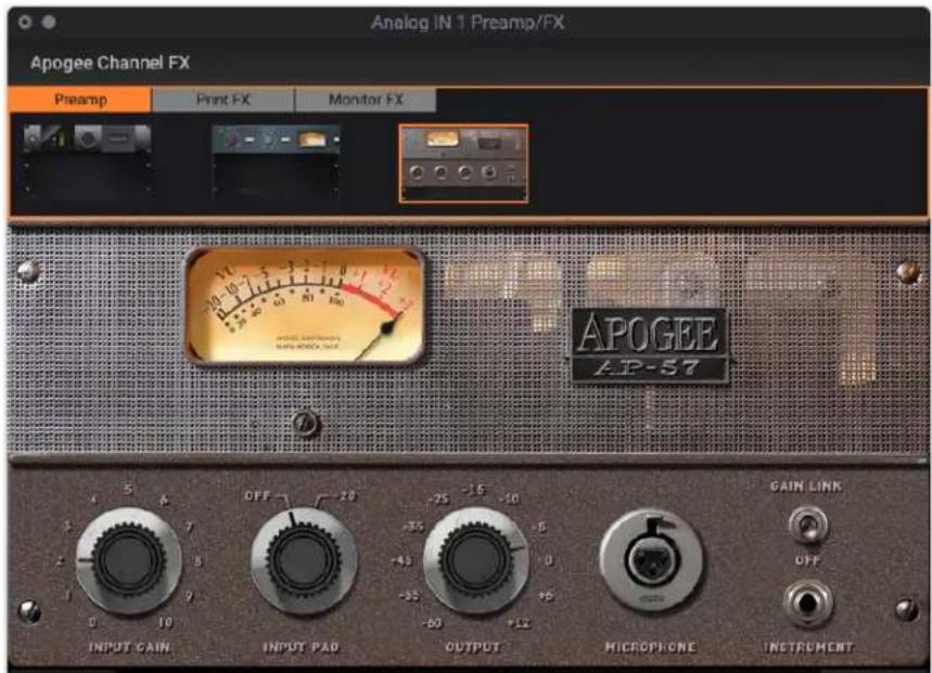 Analog IN 1 Preamp/FX Apogee Channel FX Preamp Print FX Monitor FX APOGEE AP-57 INPUT CAIN OUTPUT MICROPHONE GAIN LINK OFF INSTRUMENT