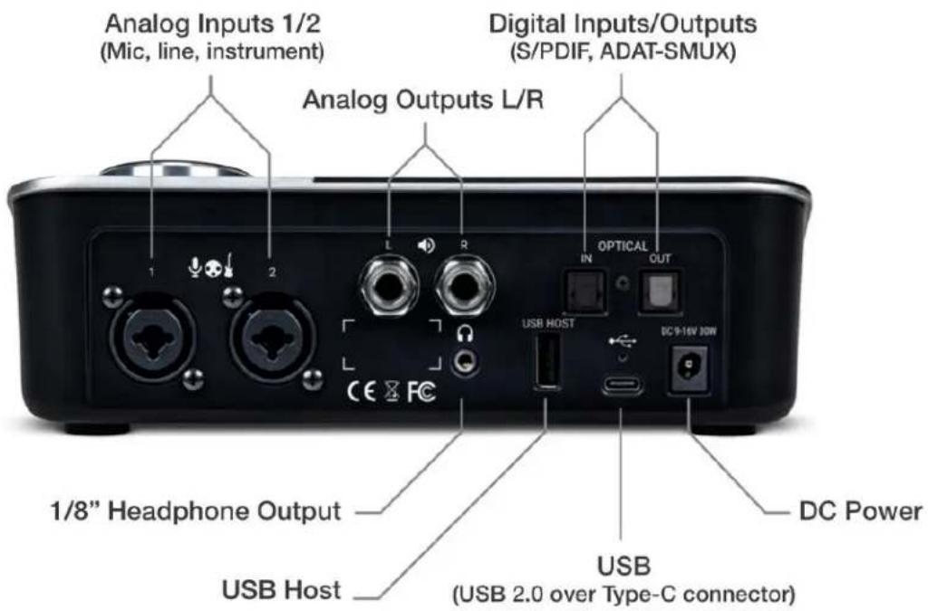 Analog Inputs 1/2 (Mic, line, instrument) Analog Outputs L/R Digital Inputs/Outputs (S/PDIF, ADAT-SMUX) 1/8" Headphone Output USB Host USB (USB 2.0 over Type-C connector) DC Power OPTICAL OUT IN USB HOST DC 9-16V 30W CE FC