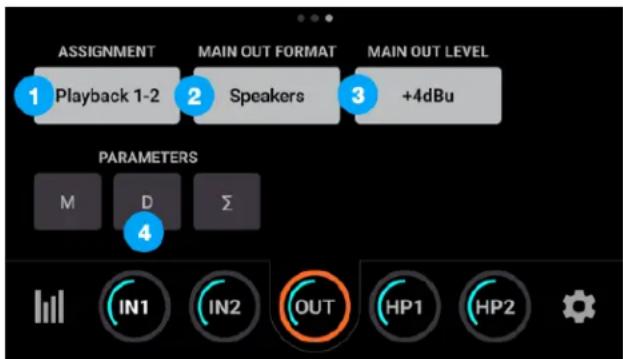 ASSIGNMENT 1 Playback 1-2 2 Speakers 3 +4dBu MAIN OUT FORMAT MAIN OUT LEVEL PARAMETERS M D Σ 4 IN1 IN2 OUT HP1 HP2