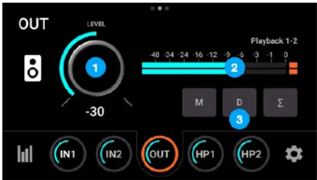 OUT LEVEL -30 Playback 1-2 -48 -34 -24 -16 -12 -9 -6 -3 -1 0 M D Σ IN1 IN2 OUT HP1 HP2
