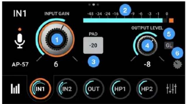 IN1 INPUT GAIN -48 -34 -24 -16 -9 -6 -3 -1 0 AP-57 6 PAD -20 OUTPUT LEVEL -8 GL IN1 IN2 OUT HP1 HP2