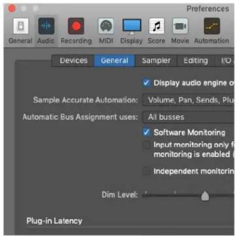 Preferences General Audic Recording MIDI Display Score Movie Automation Devices General Sampler Editing I/O Sample Accurate Automation: Display audio engine of Volume, Pan, Sends, Plug-in Automatic Bus Assignment uses: All busses Software Monitoring Input monitoring only for monitoring is enabled ( independent monitorin Dim Level: Plug-in Latency