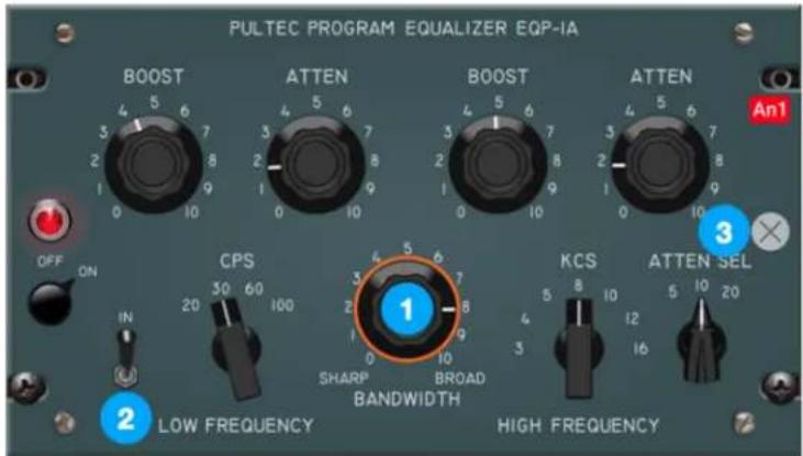 PULTEC PROGRAM EQUALIZER EQP-IA BOOST ATTEN BOOST ATTEN OFF ON CPS 100 KCS ATTEN SEL 2 LOW FREQUENCY HIGH FREQUENCY 3 4 5 6 7 8 9 10 11 12 13 14 15 16 17 18 19 20 21 An1 2 SHARP BROAD BANDWIDTH