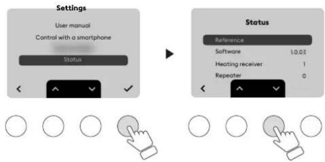 Settings User manual Control with a smartphone Status Status Reference Software 1.0.05 Heating receiver 1 Repeater 0