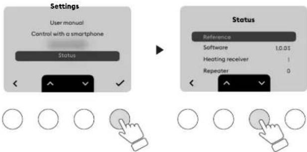 Settings User manual Control with a smartphone Status Status Reference Software 1.0.05 Heating receiver 1 Repeater 0