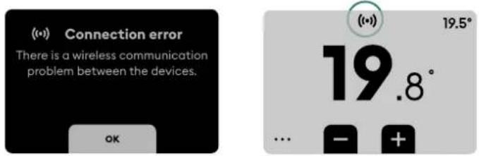 (**) Connection error There is a wireless communication problem between the devices. OK (++) 19.5° 19.8° ... - +