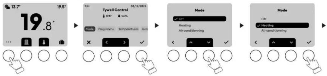 graph TD A["13.7° 19.5°"] --> B["Tywell Control"] B --> C["Mode Off Heating Air conditioning"] C --> D["Mode Off Heating Air conditioning"]
