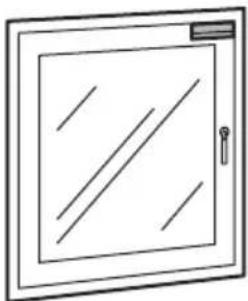 Dessin au trait simple d'un meuble ou d'une enceinte avec des lignes diagonales et une poignée (sans texte ni symboles)