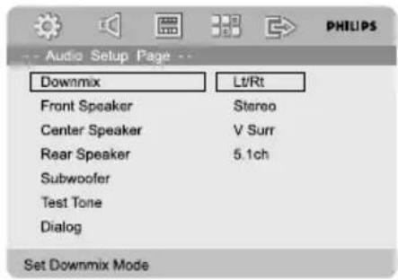 Audio Setup Page -- Downmix Lt/Rt, Front Speaker Stereo, Center Speaker V Surr, Rear Speaker 5.1ch, Subwoofer, Test Tone, Dialog, Set Downmix Mode