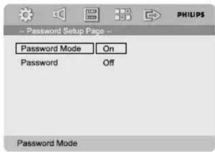 -- Password Setup Page -- Password Mode On, Password Off. Password Mode