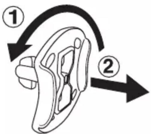Diagram showing two labeled arrows (① and ②) indicating motion or sequence of a mechanical component with directional arrows.