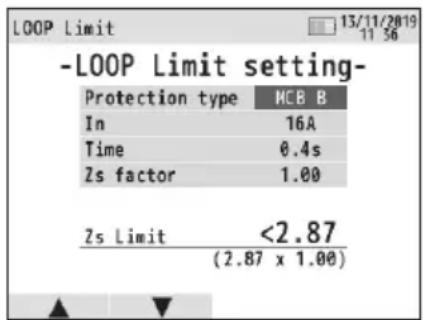 -LOOP Limit setting- Protection type MCB B In 16A Time 0.4s Zs factor 1.00 Zs Limit <2.87 (2.87 x 1.00)