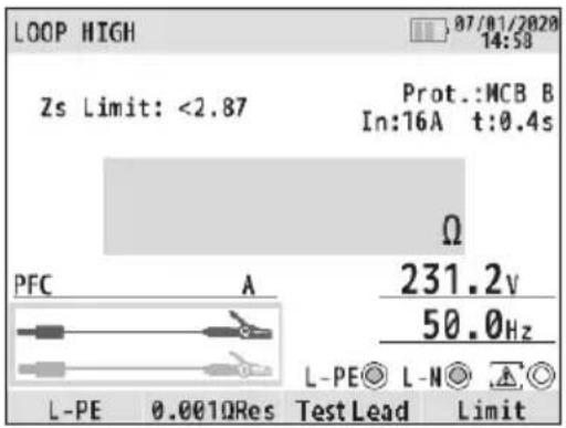 LOOP HIGH 87/01/2020 14:58 Zs Limit: <2.87 Prot.:MCB B In:16A t:0.4s Ω PFC A 231.2V 50.0Hz L-PE 0.001ΩRes Test Lead Limit