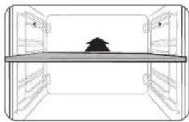 Simple line drawing of a cabinet with doors open, featuring a silhouette of a house on the shelf (no text or symbols).