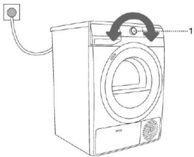 Line drawing of a front-loading washing machine with a cable and power outlet, no text or symbols present.