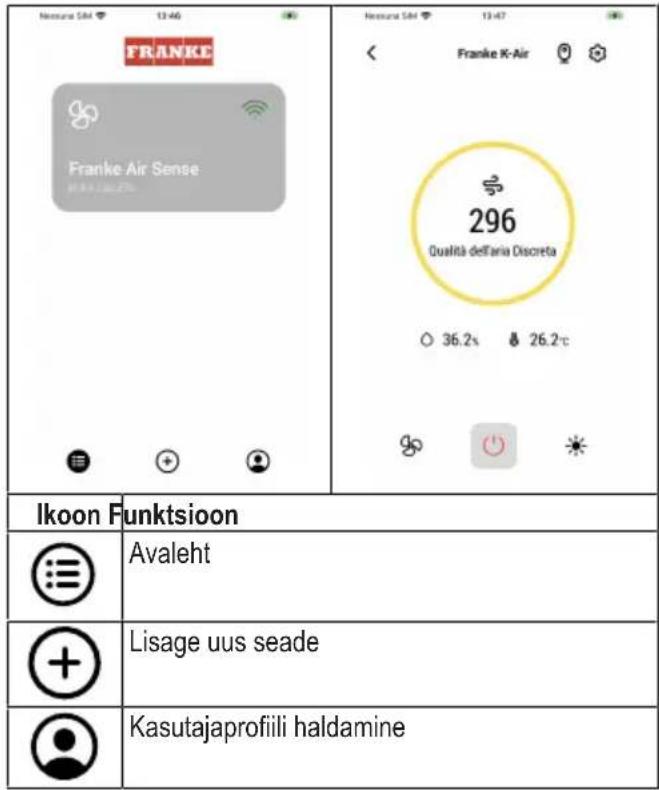 Franke Air Sense Ikoon Funktsioon Avaleht Lisage uus seade Kasutajaprofiili haldamine