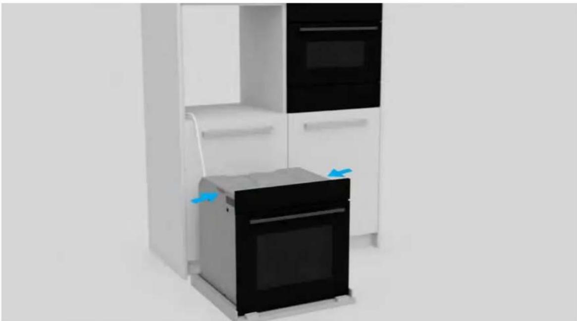 Modern kitchen appliance with white cabinets and black oven, featuring a mounted oven and blue directional arrows indicating motion (no text or symbols).