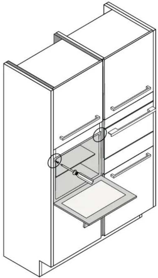 Isometric line drawing of a multi-level refrigerator with internal compartments and drawers (no text or symbols)