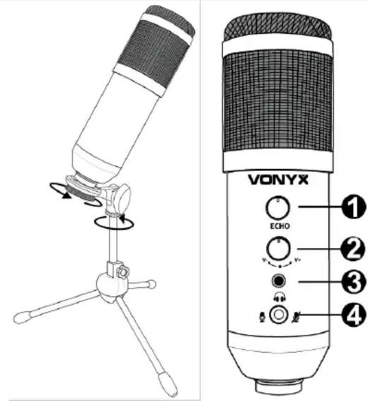 Technical diagram showing a desktop microphone and its VONYX audio jack with labeled parts