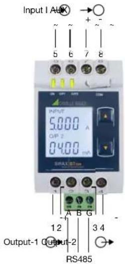 Input I AaX ~ ~ ~ ~ 5 6 7 8 INPUT 5.000 A DIP 2 0.400 mA SRA1/BTmm A B G Output-1 Output-2 RS485 3 4 -