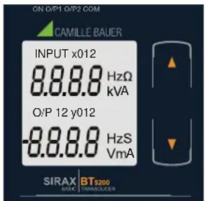 ON O/P1 O/P2 COM CAMILLE BAUER INPUT x012 8.8.8.8 HzΩ kVA O/P 12 y012 -8.8.8.8 HzS VmA SIRAX BT5200 BATE THOMOLESTER