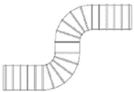 Schematic diagram of a curved pipe or duct with vertical supports and diagonal hatching (no text or symbols).