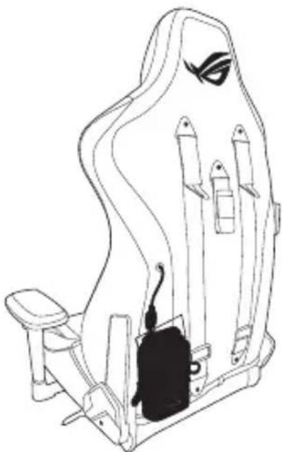 Line drawing of a person inside a VR headset with a black object on the backrest (no text or symbols)