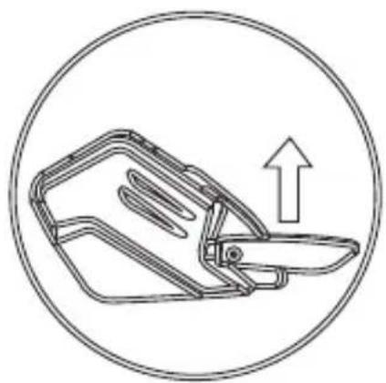 Diagram of a folding tool inside a circle, showing blade and handle with an upward arrow (no text or symbols)