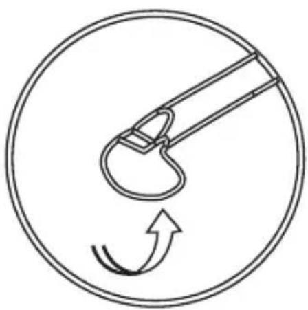Simple line drawing of a hook being twisted in a circular frame with an arrow indicating rotation (no text or symbols).
