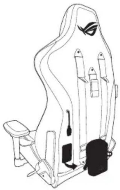 Line drawing of a person's seat with multiple objects and a badge (no text or symbols).