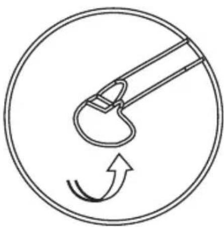 Simple line drawing of a hook being twisted in a circular frame with an arrow indicating rotation (no text or symbols)