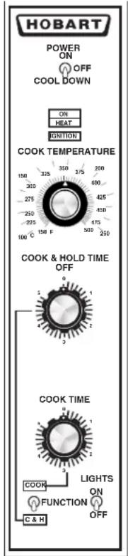 HOBART POWER ON OFF COOL DOWN ON HEAT FUNCTION COOK TEMPERATURE 150 325 310 375 300 300 400 275 425 250 450 225 475 100 °C 150 F 500 250 COOK & HOLD TIME OFF COOK TIME COOK LIGHTS ON FUNCTION OFF C & H