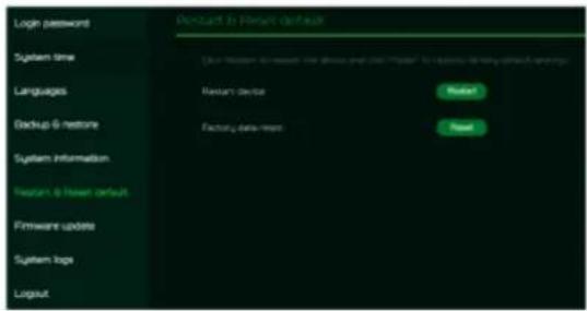 Login password System time Languages Backup & restore System information Newsm & Newsm default Firmware update System logs Logout Percent & Percent default User: Newsm: Facing device Reset: Reset: