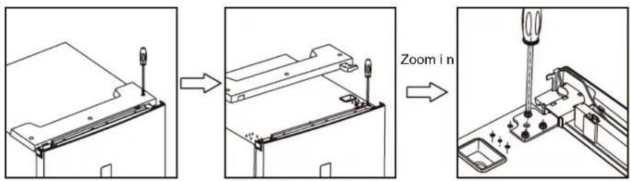 Technical diagram showing assembly steps of a mechanical component with zoomed-in detail, labeled 'Zoom in'