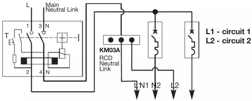 L Main Neutral Link 1 3 N T E 2 4 N KM03A RCD Neutral Link L1 - circuit 1 L2 - circuit 2 L1N1 N2 L2