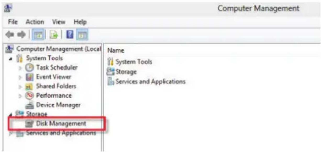 Computer Management File Action View Help Computer Management (Local) System Tools ► Task Scheduler ► Event Viewer ► Shared Folders ► Performance ► Device Manager Storage Disk Management Services and Applications Name System Tools Storage Services and Applications