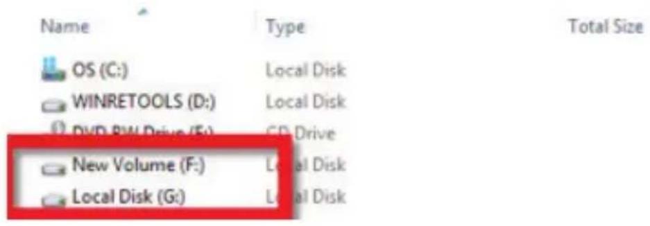 Name Type Total Size OS (C:) Local Disk WINRETOOLS (D:) Local Disk DVD RW/Drive (E:) CD Drive New Volume (F:) Local Disk Local Disk (G:) Local Disk
