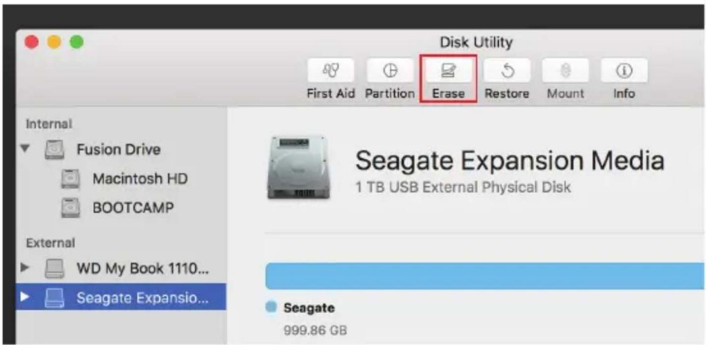 Disk Utility First Aid Partition Erase Restore Mount Info Internal Fusion Drive Macintosh HD BOOTCAMP External WD My Book 1110... Seagate Expansion... Seagate Expansion Media 1 TB USB External Physical Disk Seagate 999.86 GB