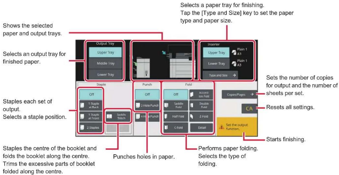 Shows the selected paper and output trays. Selects an output tray for finished paper. Staples each set of output. Selects a staple position. Staples the centre of the booklet and folds the booklet along the centre. Trims the excessive parts of booklet folded along the centre. Punches holes in paper.…