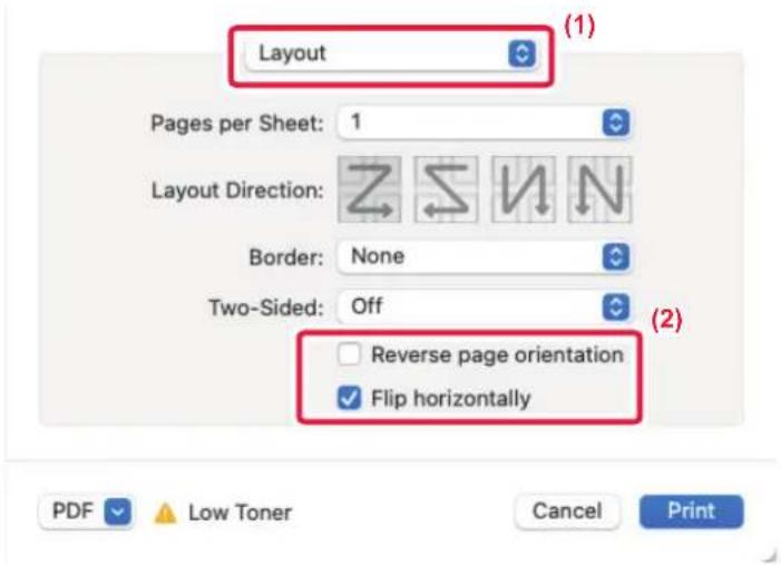 Layout Pages per Sheet: 1 Layout Direction: Border: None Two-Sided: Off Reverse page orientation Flip horizontally PDF Low Toner Cancel Print