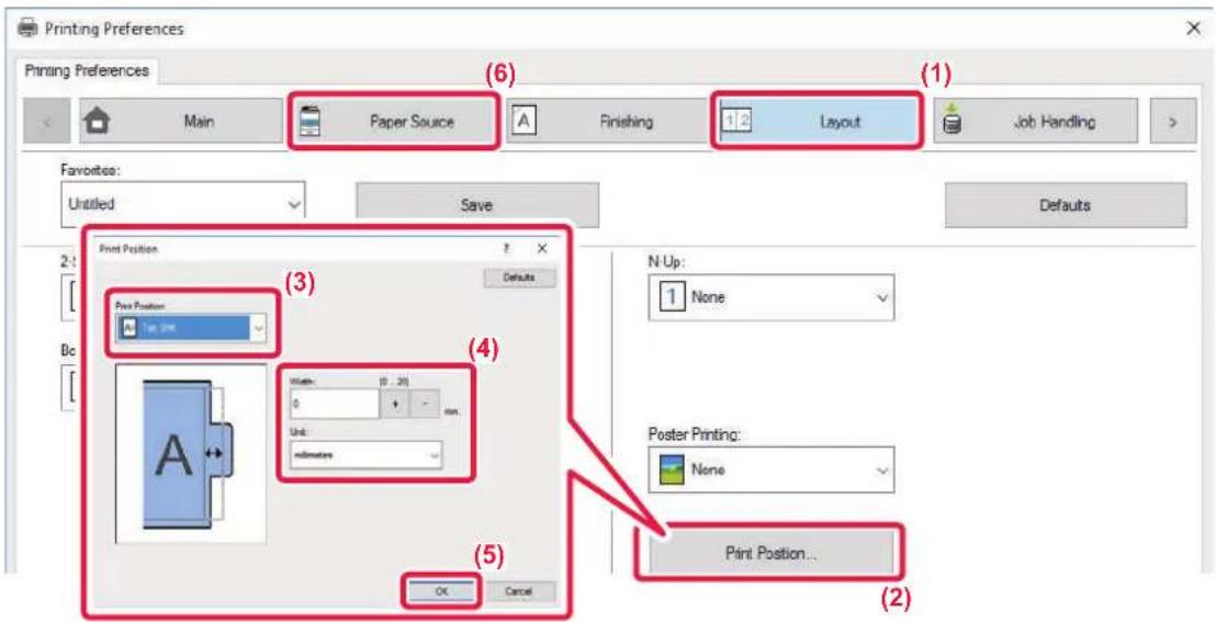 Printing Preferences Printing Preferences Main Paper Source Finishing Layout Job Handling Favorites: Untitled Save Defaults Print Position (3) Print Position 100 mm Default N Up: None (4) Width: 0.20 Unit: millimeters Poster Printing: None Print Position... (5) OK Cancel (2)