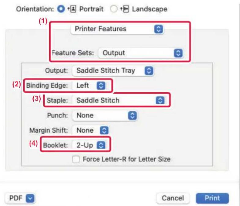 (1) Printer Features Feature Sets: Output Output: Saddle Stitch Tray Binding Edge: Left (3) Staple: Saddle Stitch Punch: None Margin Shift: None Booklet: 2-Up Force Letter-R for Letter Size PDF Cancel Print