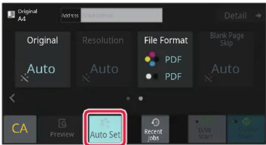 Original: A4, Address, Email Address, Detail, Original, Resolution, File Format, Blank Page Skip, Auto, Auto, PDF, PDF, Auto, CA, Preview, Auto Set, Recent Jobs, B/W Start, Colour Start