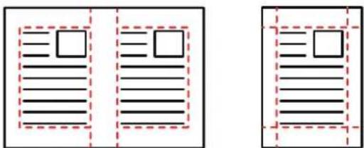 Two document layout diagrams with blank text boxes, each divided by dashed lines and enclosed in a red border.