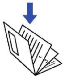 Diagram showing a document being folded with a blue downward arrow indicating compression or reduction.