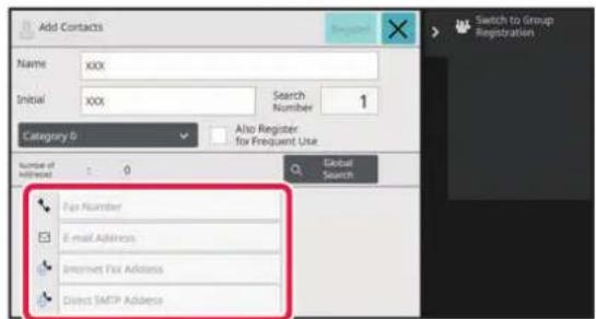 Add Contacts Name XXX Initial XXX Search Number 1 Category 0 Also Register for Frequent User Number of Address: 0 Global Search Fax Number E-mail Address Internet Fax Address Direct SMTP Address