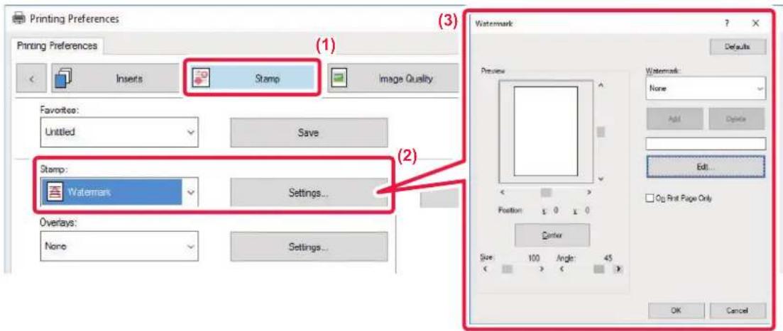 Printing Preferences Printing Preferences Inserts Stamp Image Quality Favorites: Untitled Save Stamp: Watermark Settings... Overlays: None Settings... Watermark Preview None Add Delete Edit... On First Page Only Center Size: 100 Angle: 45 OK Cancel