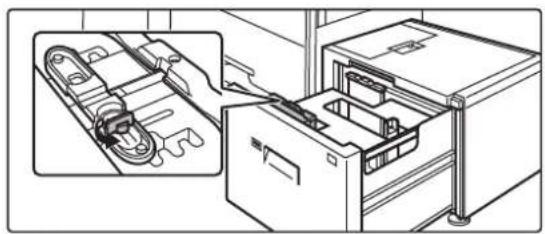 Line drawing of a refrigerator with an open drawer and a close-up inset showing internal components (no text or symbols)