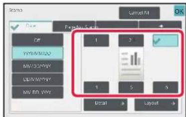 Seto. Cancel All, OK, Date. Ferblay, Sindi. Off. 1, 2, ✓. YYRMMDD, MMSGMP. 1, 5, 3. Detail, Layout.